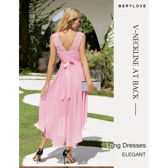 BeryLove Women Pink Chiffon Scoop Neck Sleeveless Lace Cocktail Dresses - Picture 5 of 7